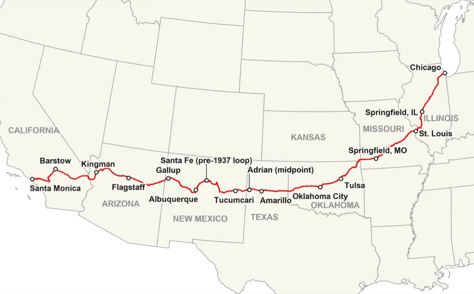 Map of Route 66 as a red line from Chicago to Santa Monica across eight states, with Springfield, St. Louis, Tulsa, Oklahoma City, Amarillo, Albuquerque, Flagstaff, Kingman and other cities marked
